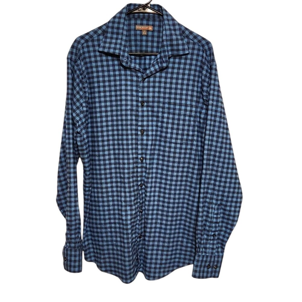 Peter Millar Crown Sport Flannel Shirt Button Front Blue Plaid Mens Large